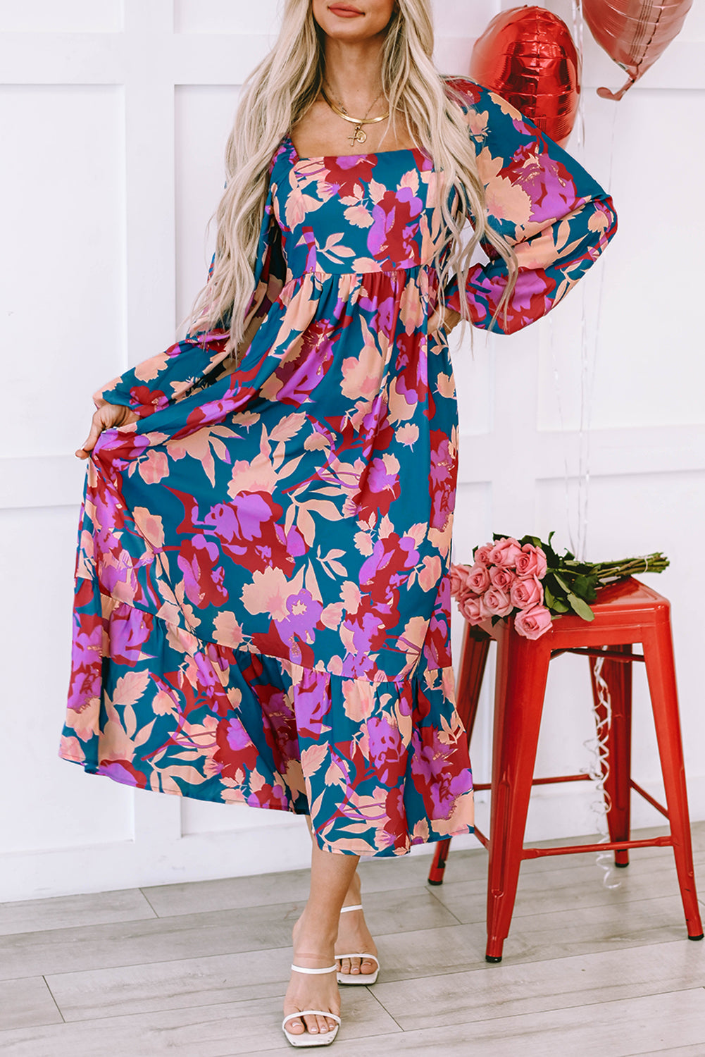 Floral Square Neck Ruffled High Waist Dress