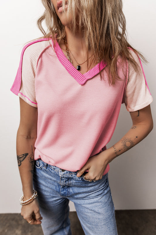 Pink Exposed Seam V-Neck Tee