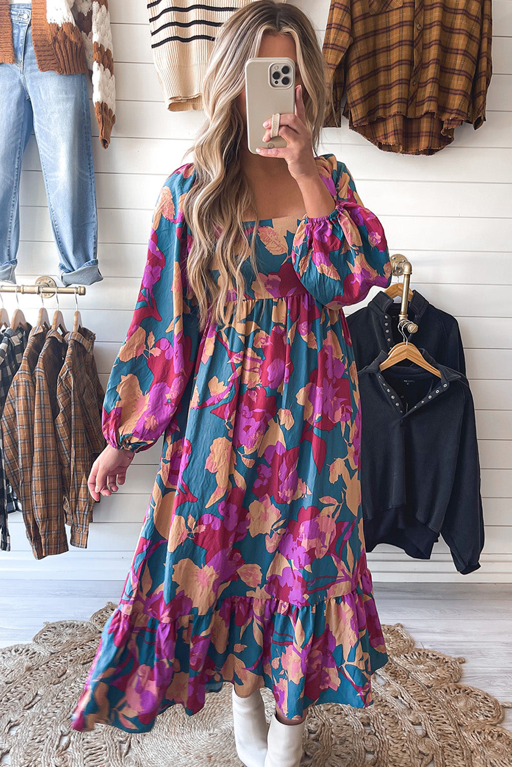 Floral Square Neck Ruffled High Waist Dress