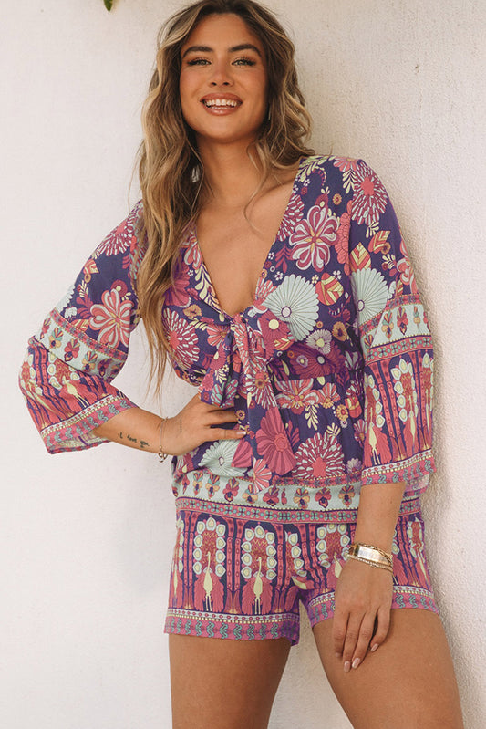 Purple Vintage Design V Neck Romper