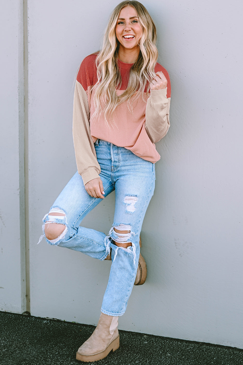 Red Long Sleeve Ribbed Loose Top