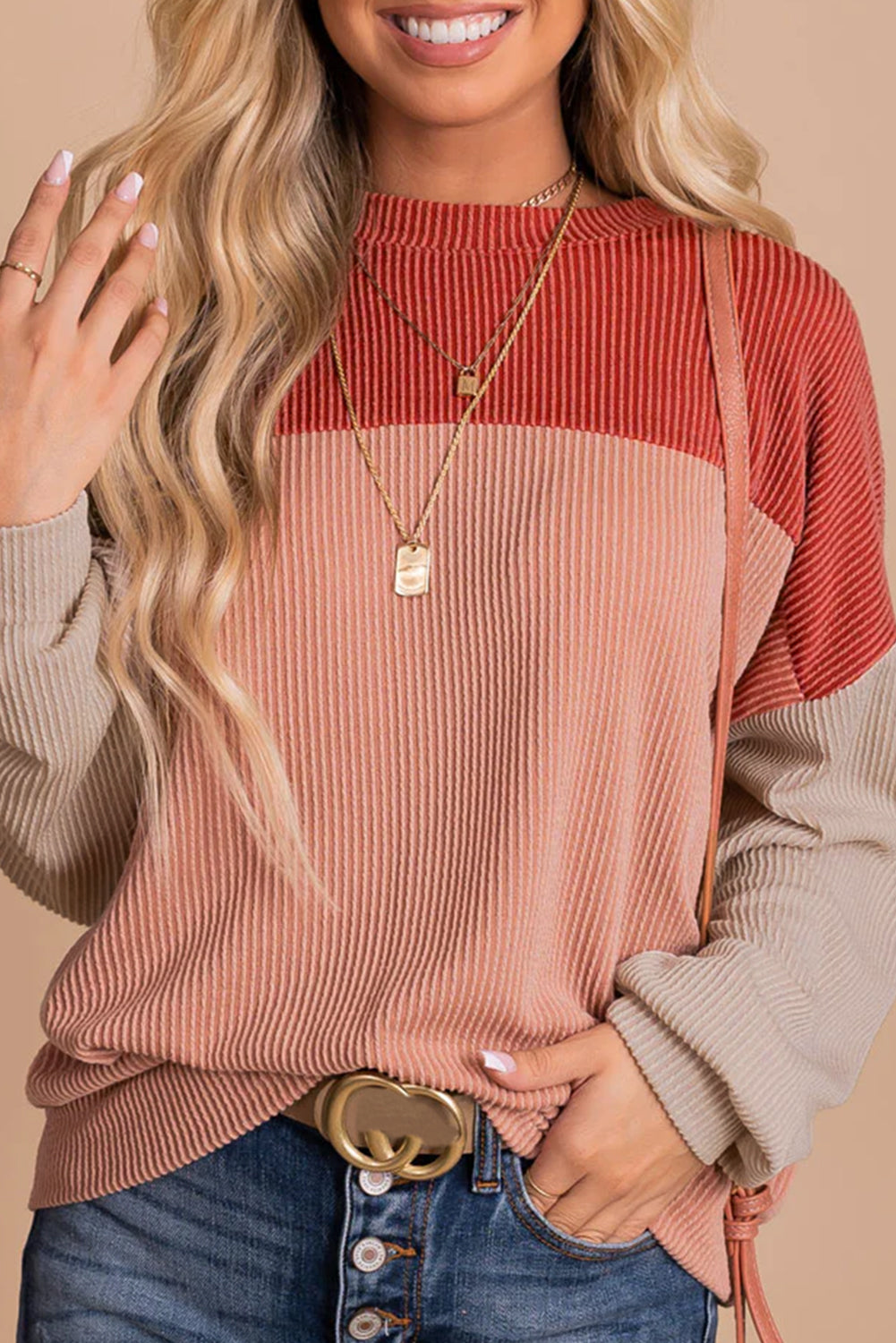 Red Long Sleeve Ribbed Loose Top