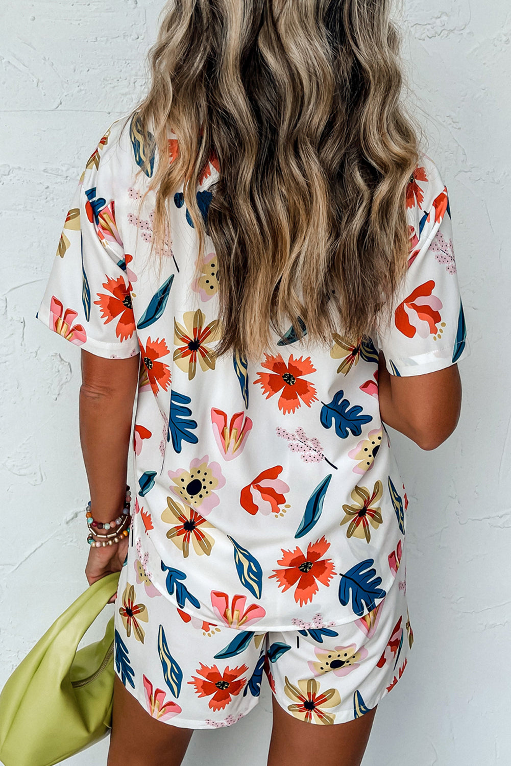 White Floral Short Sleeve Shirt and Shorts Set