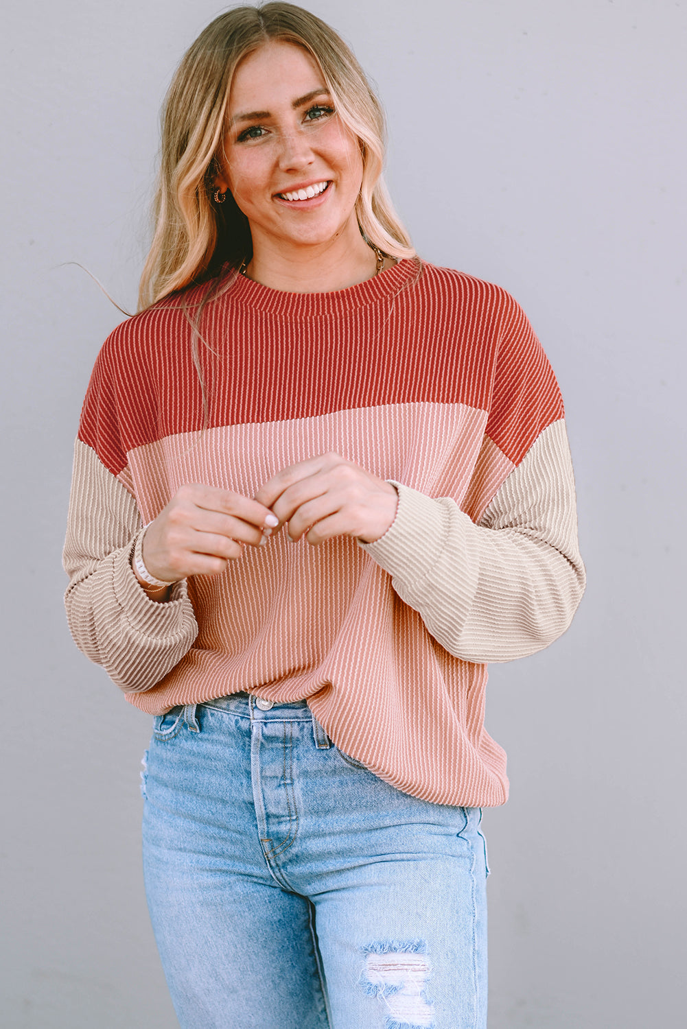 Red Long Sleeve Ribbed Loose Top