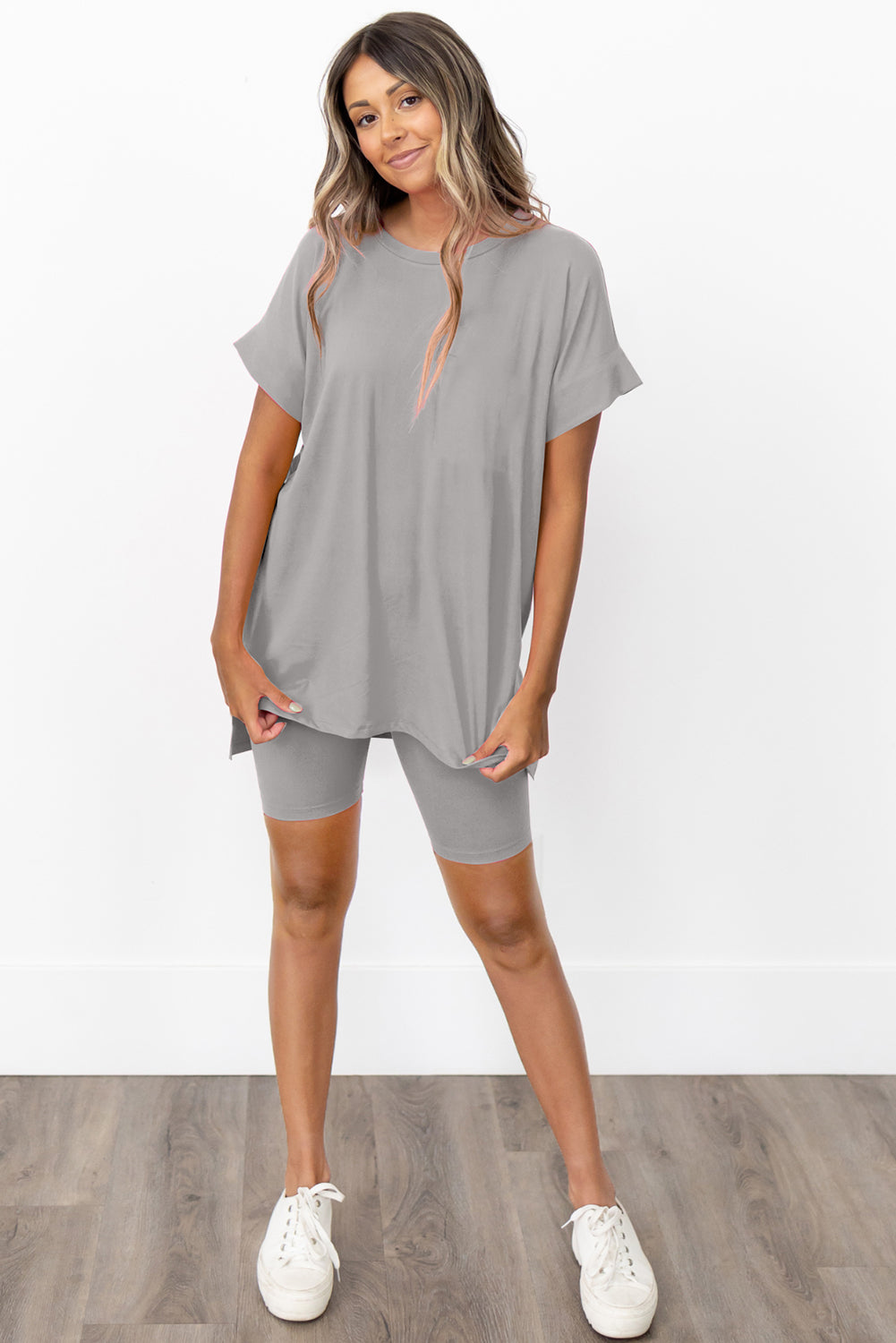 Gray Solid Split Hem Tee and Shorts Set