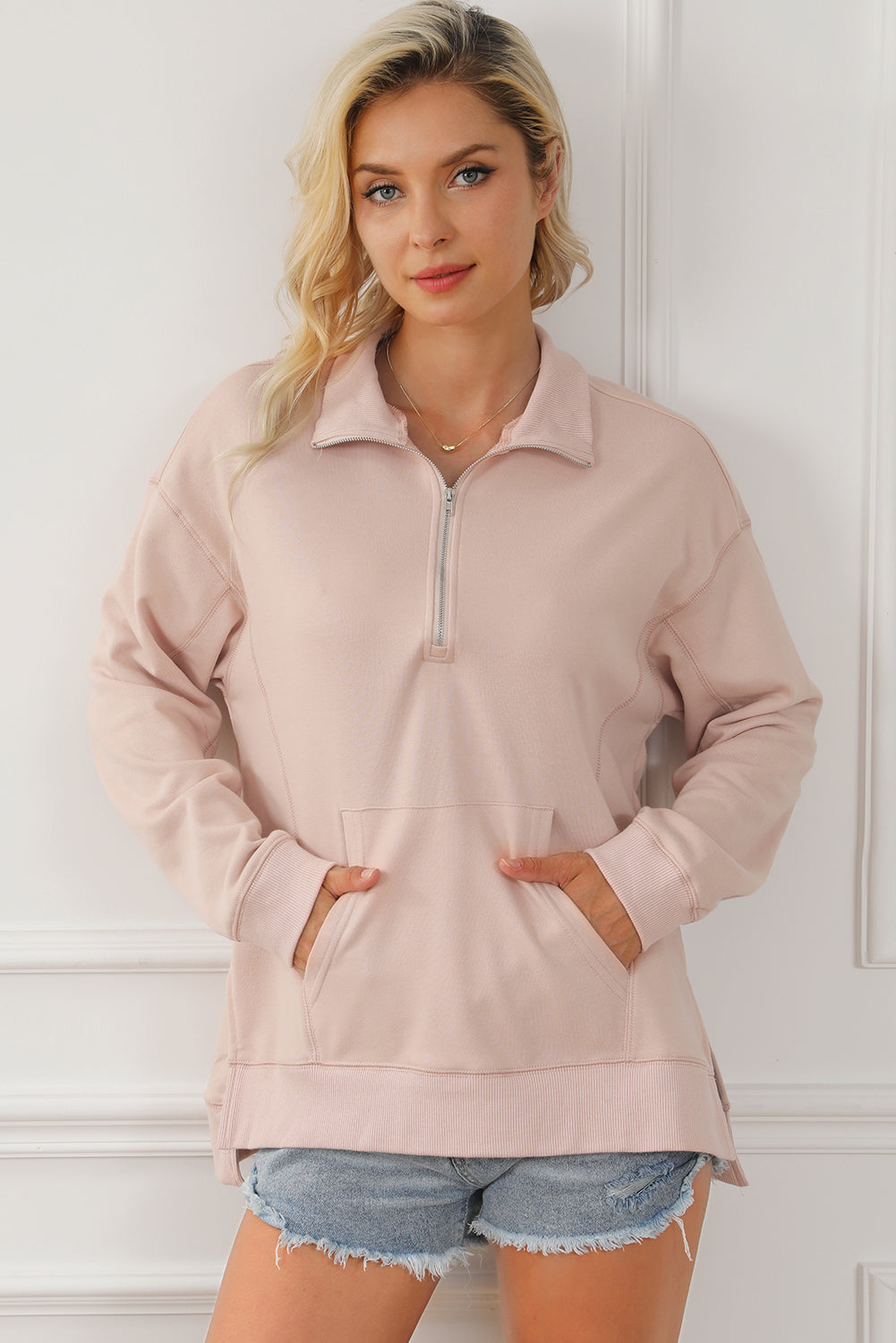 Pink Drop Shoulder Quarter Zip Sweatshirt