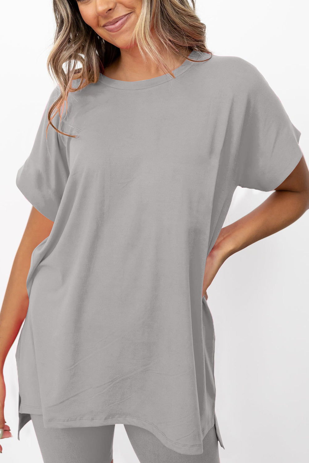 Gray Solid Split Hem Tee and Shorts Set