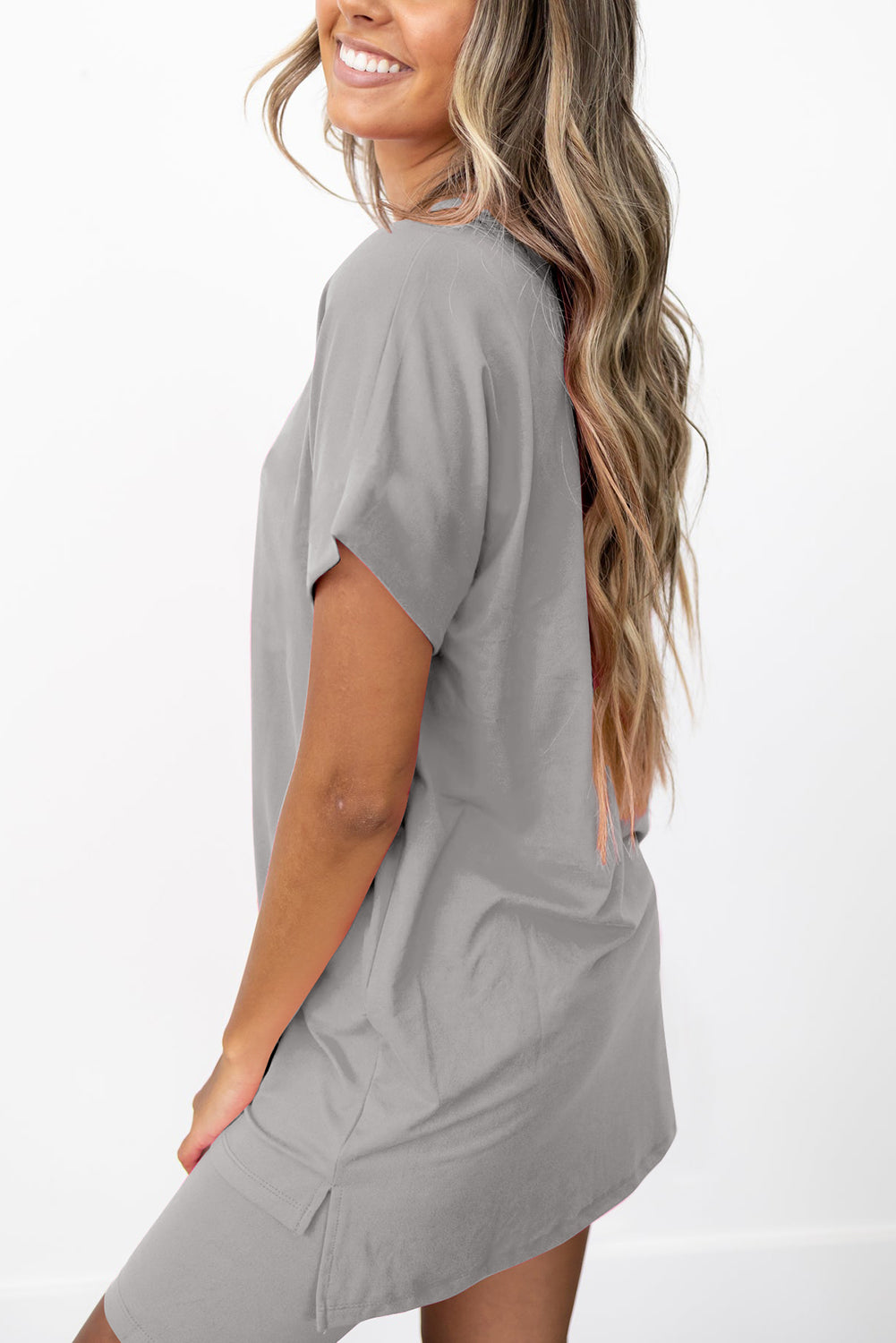 Gray Solid Split Hem Tee and Shorts Set