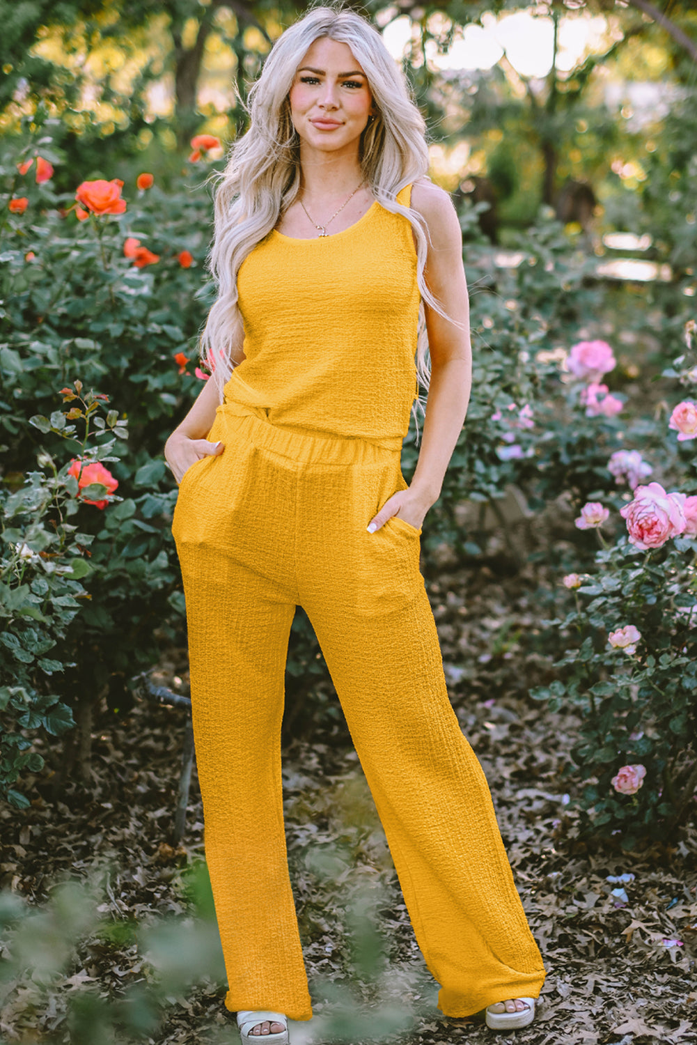 Yellow Tank Top and Wide Leg Pants Set