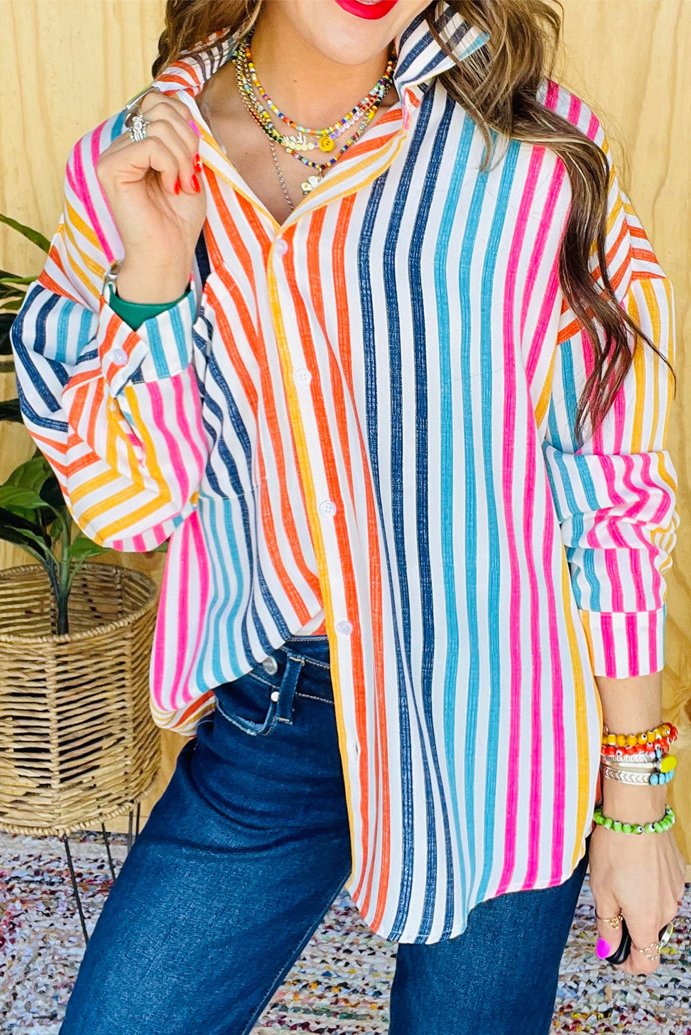 Rainbow Striped Drop Shoulder Loose Long Sleeve