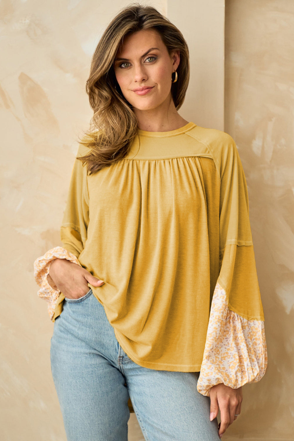 Loose Yellow Beige Floral Blouse