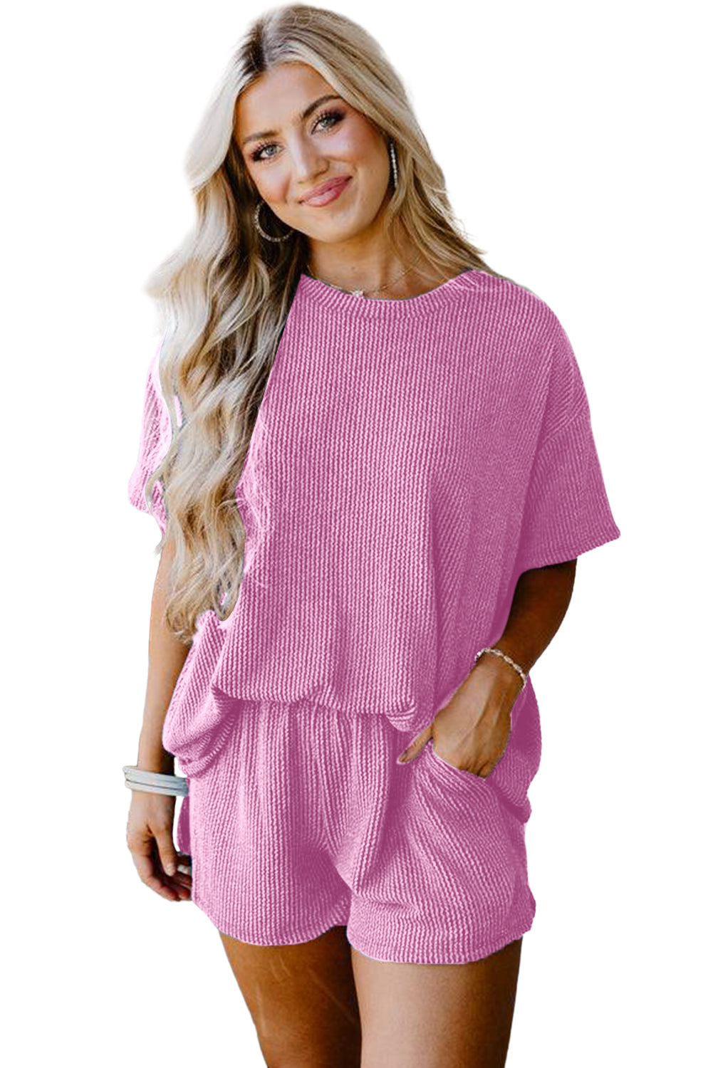 Ribbed Knit Loose Fit Tee and Shorts Set