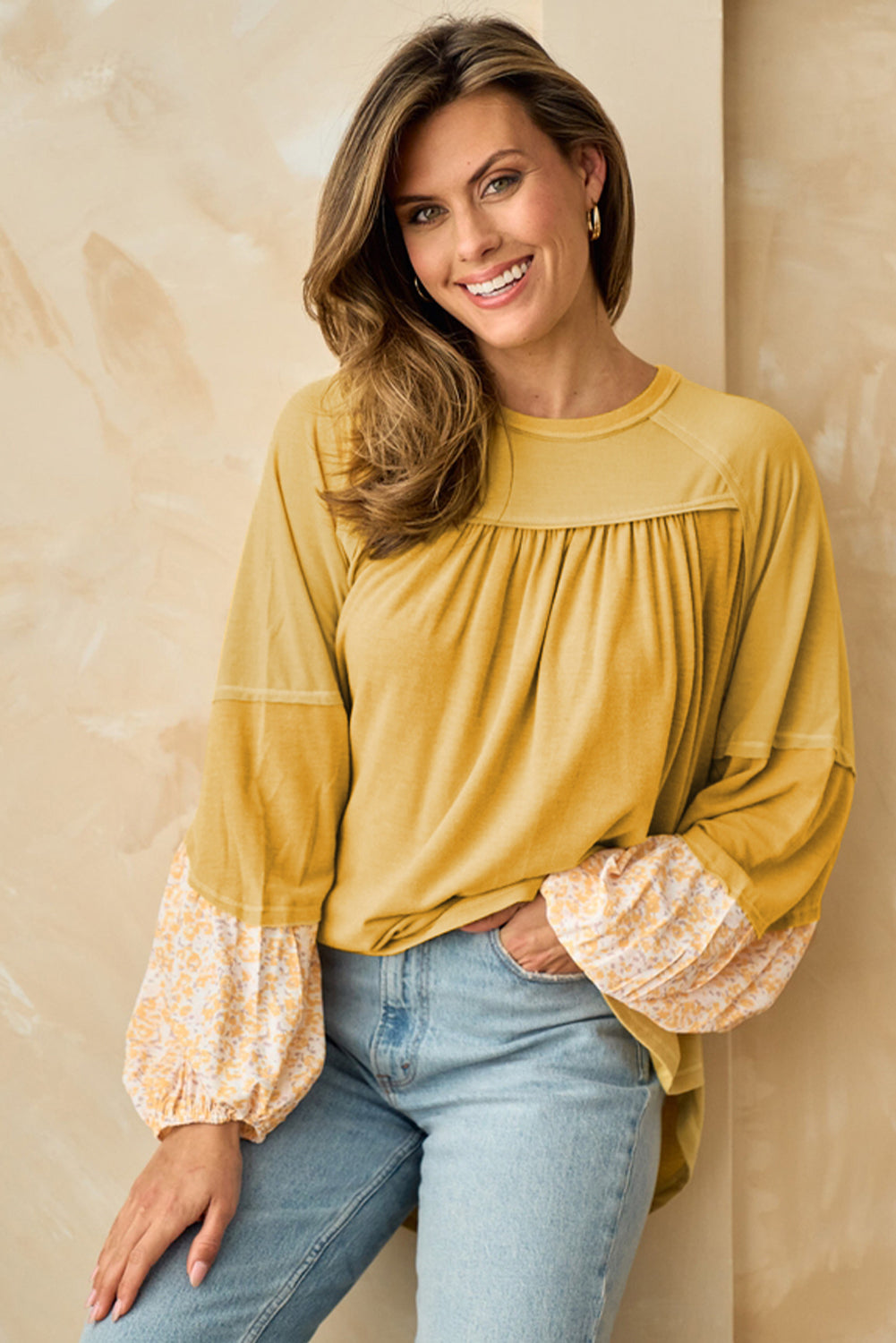 Loose Yellow Beige Floral Blouse