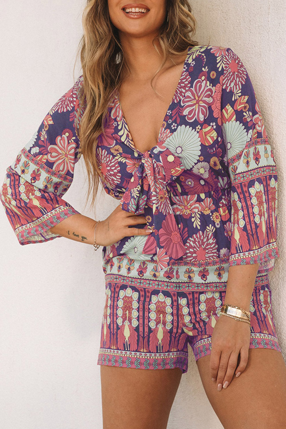 Purple Vintage Design V Neck Romper