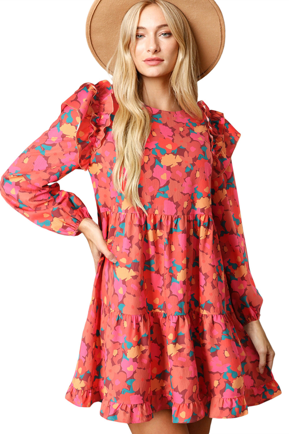 Rose Ruffle Long Sleeve Floral Dress