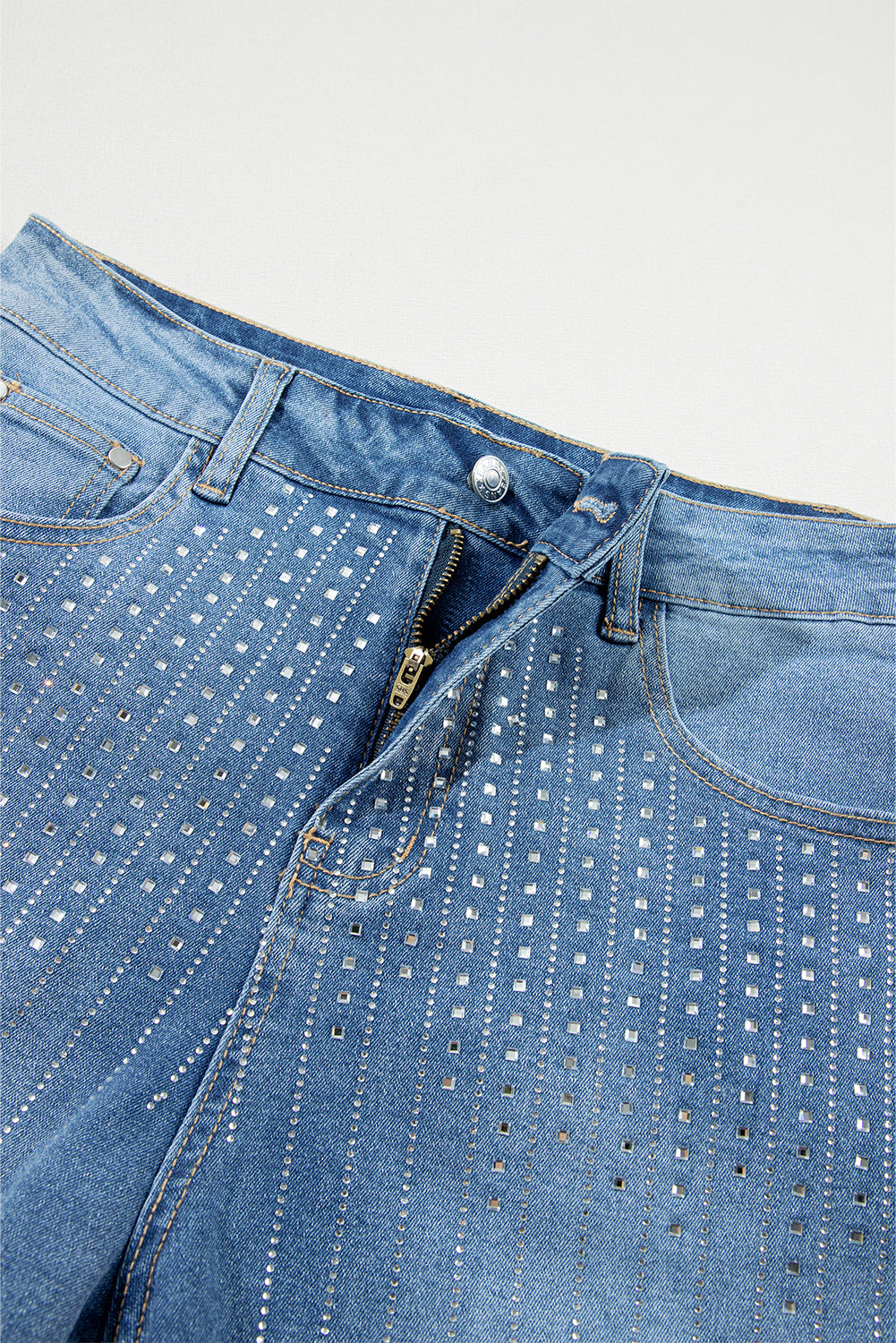 Blue Rhinestone Embellished Denim Shorts