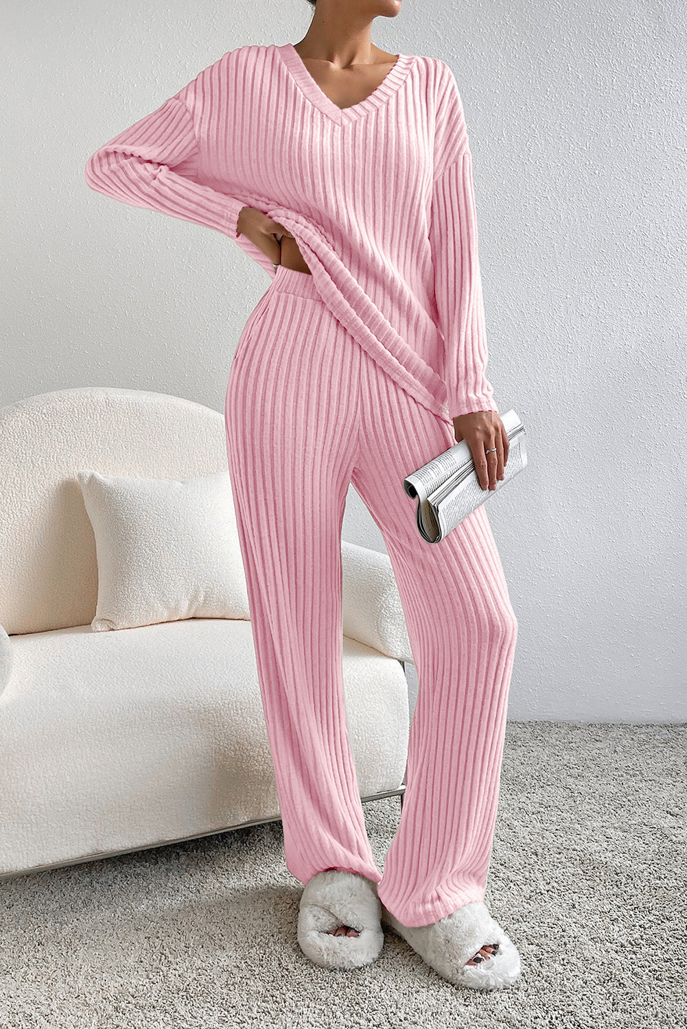 Light Pink Ribbed V Neck Two-piece Outfit