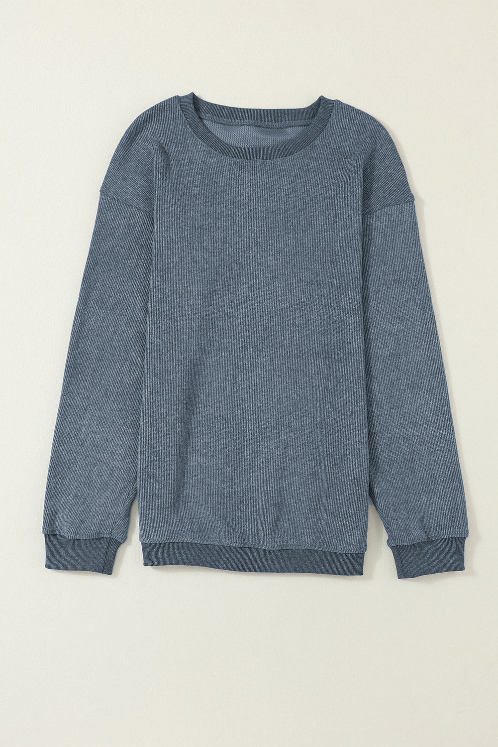 Blue Ribbed Knit Pullover Sweatshirt