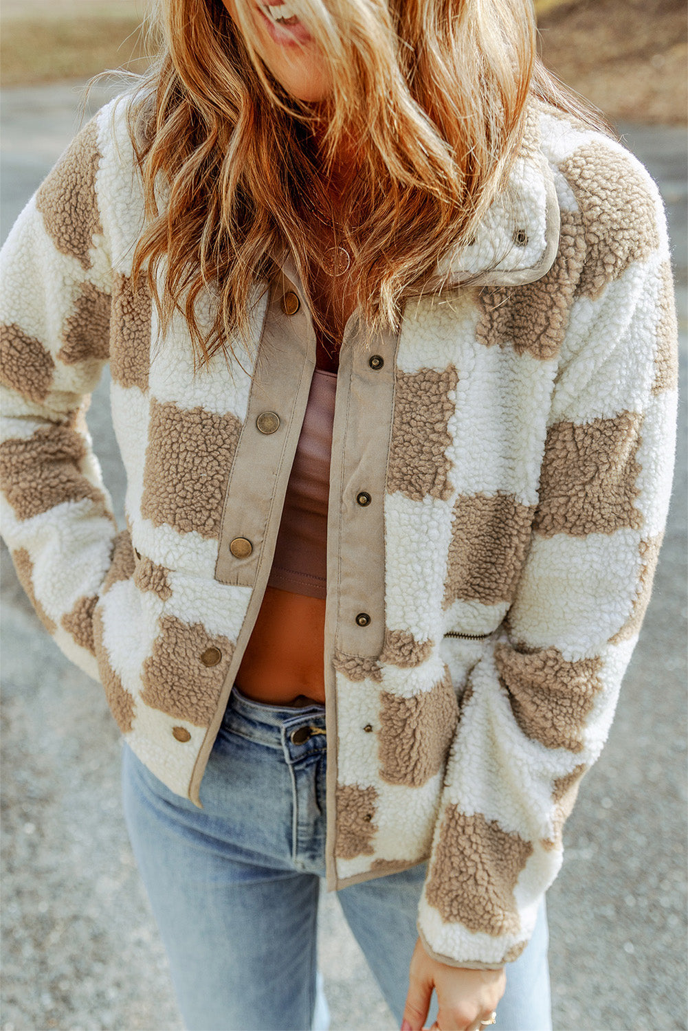 Brown Snap Button Sherpa Jacket