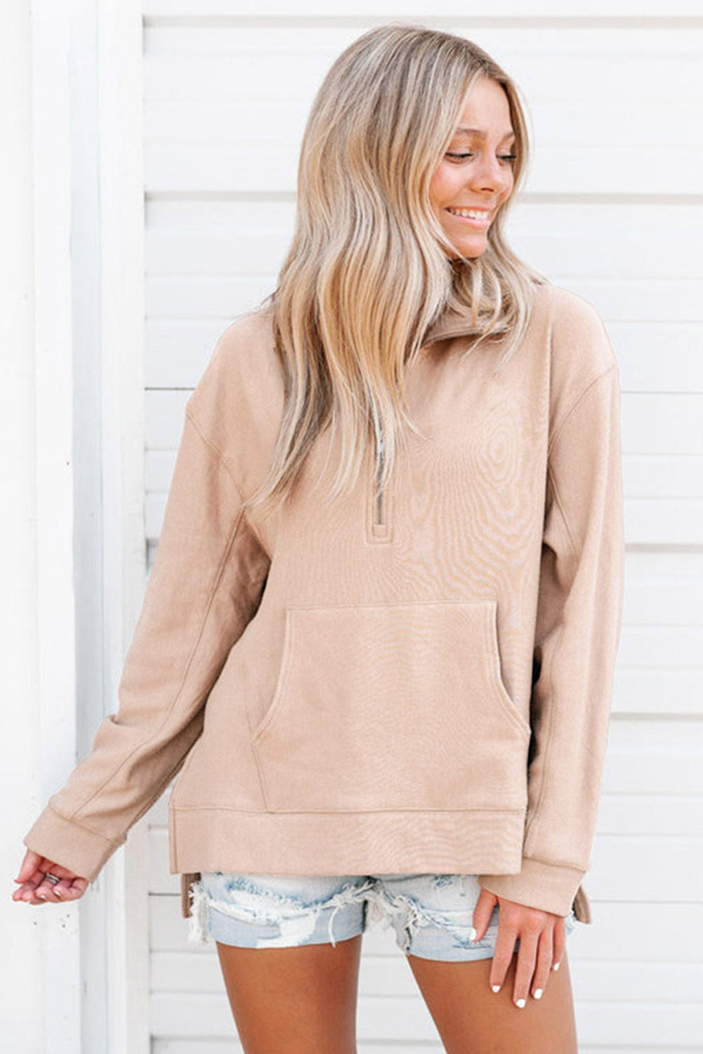 Pink Drop Shoulder Quarter Zip Sweatshirt