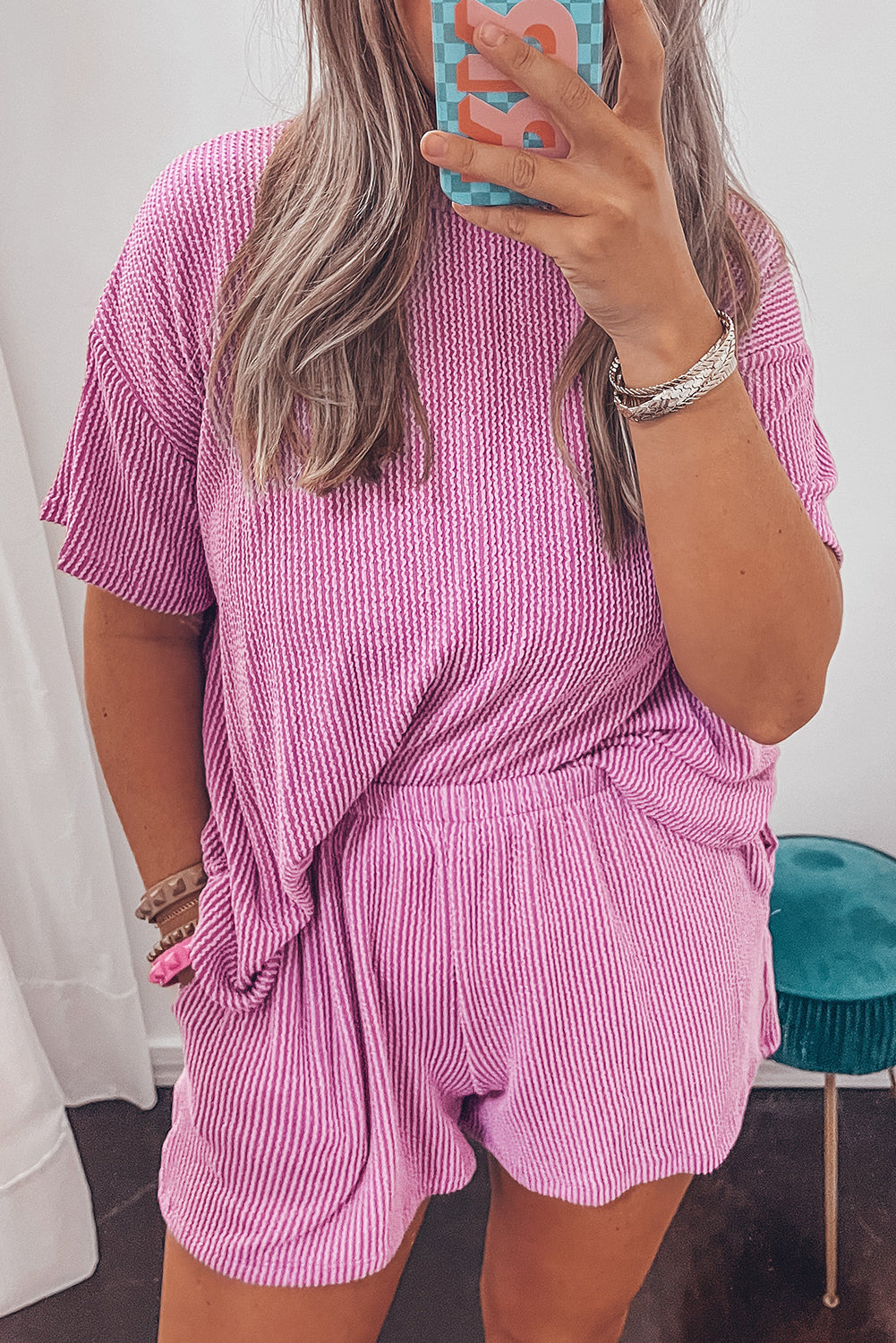 Ribbed Knit Loose Fit Tee and Shorts Set