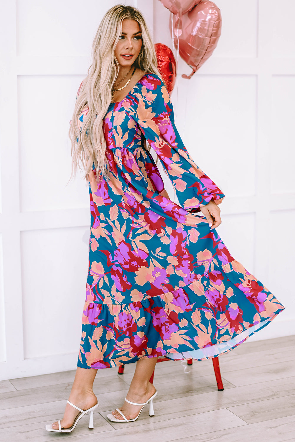 Floral Square Neck Ruffled High Waist Dress