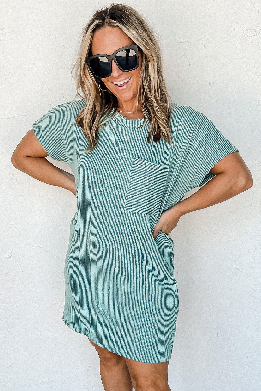 Blue Ribbed Knit T-shirt Dress