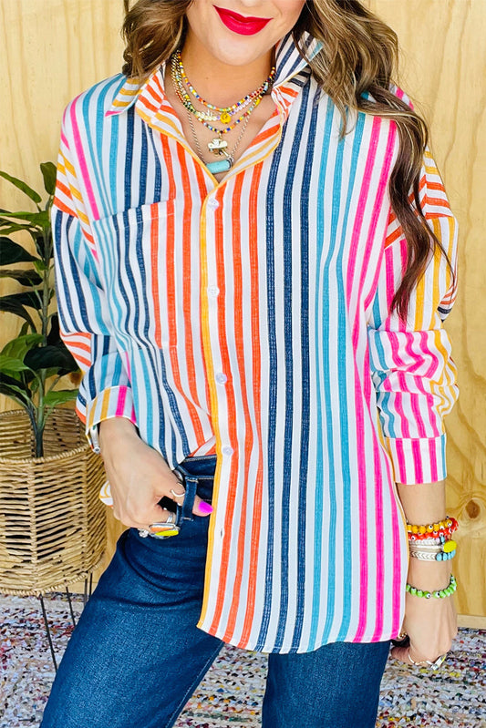 Rainbow Striped Drop Shoulder Loose Long Sleeve