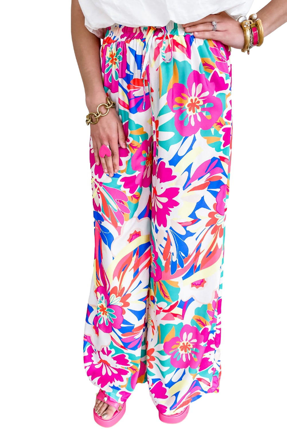 Rose Red Boho Flower Loose Wide Leg Pants