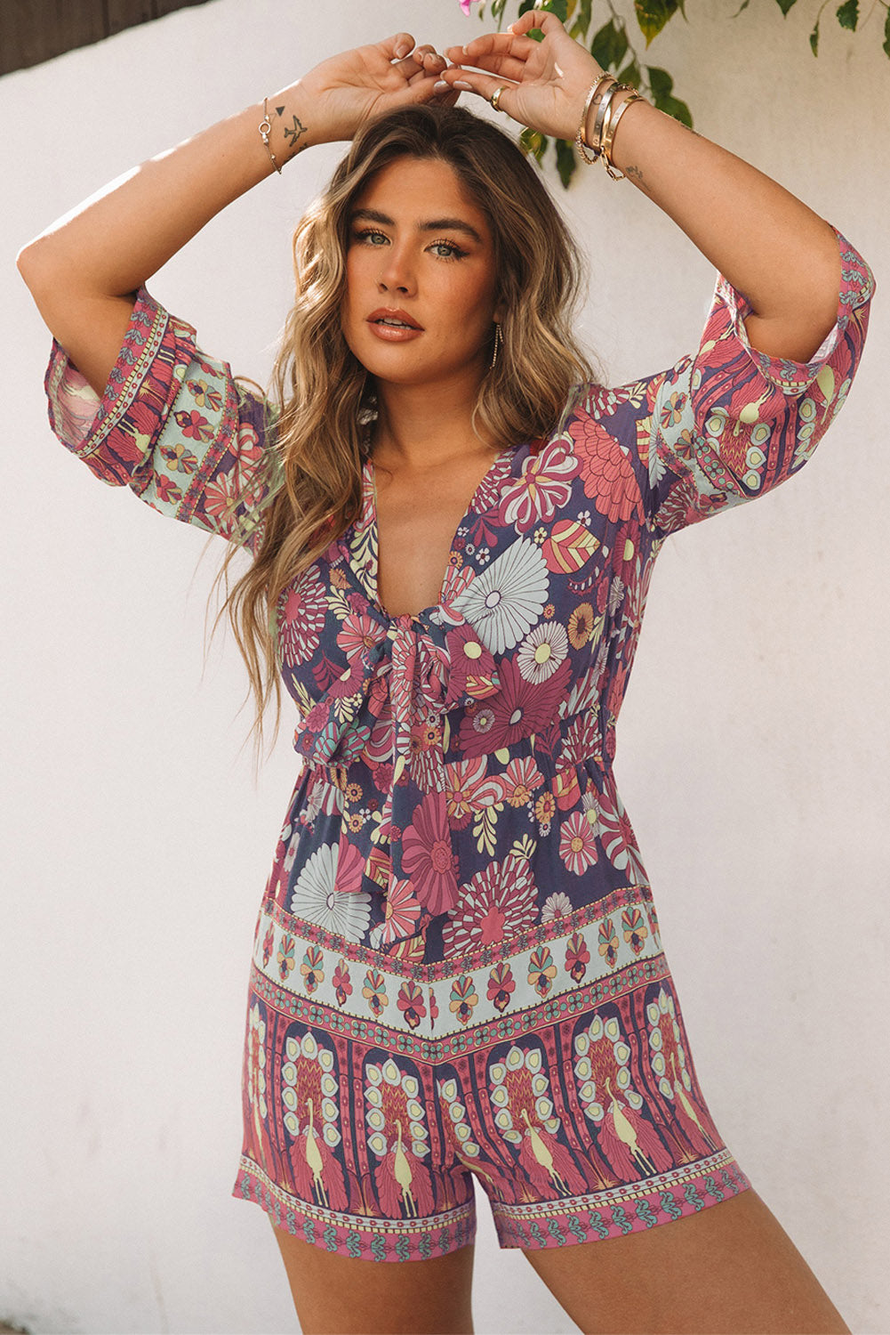 Purple Vintage Design V Neck Romper