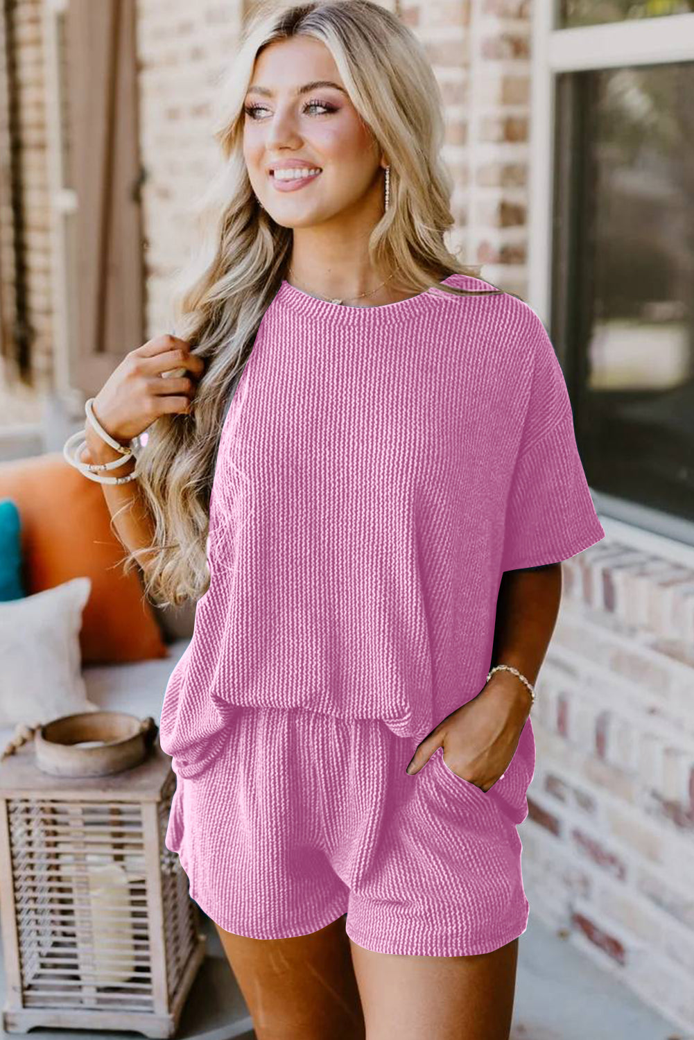 Ribbed Knit Loose Fit Tee and Shorts Set