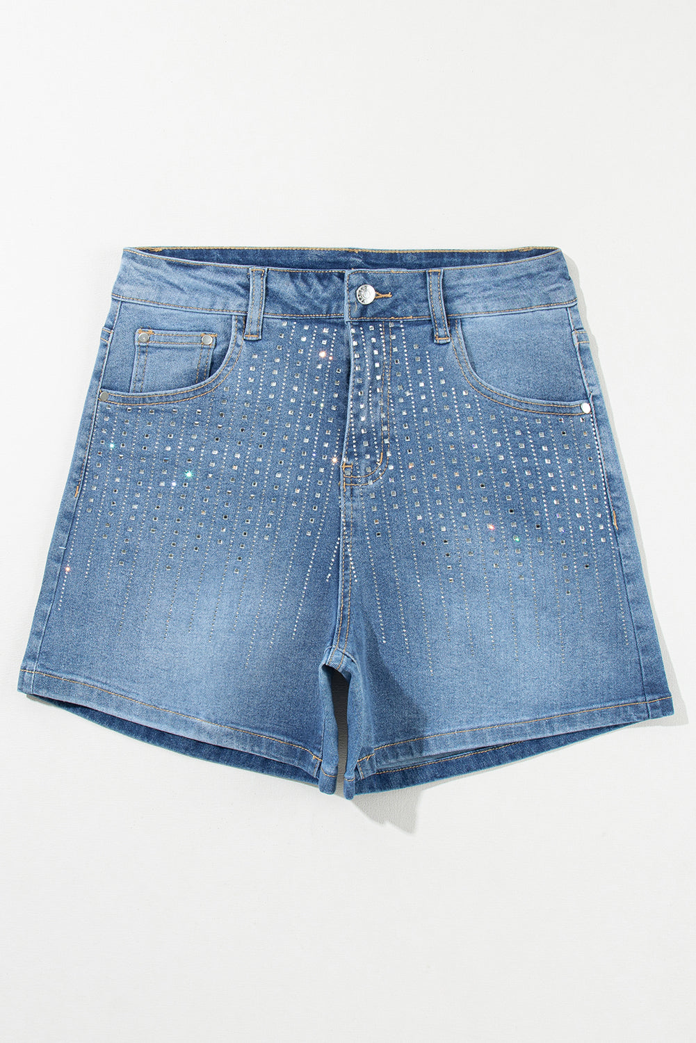 Blue Rhinestone Embellished Denim Shorts