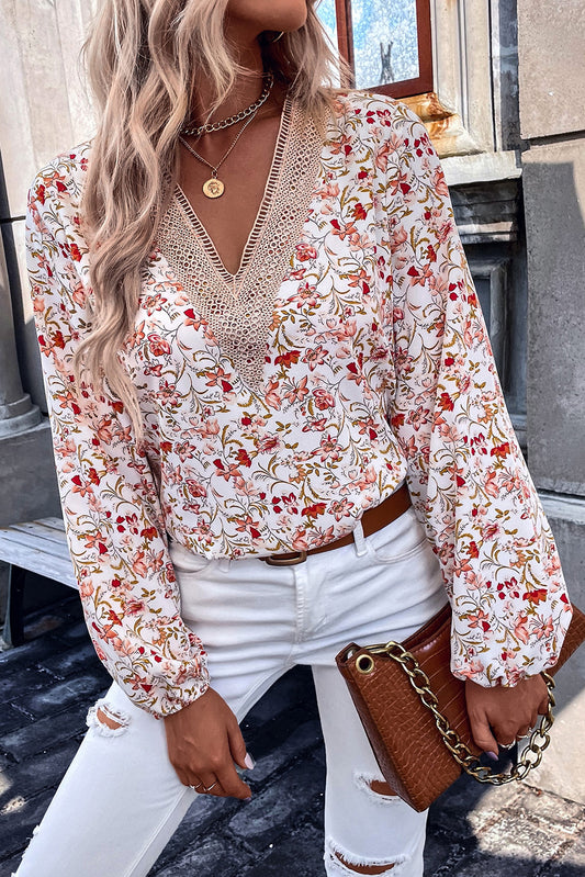 White Floral Long Sleeve Lace V-Neck Blouse