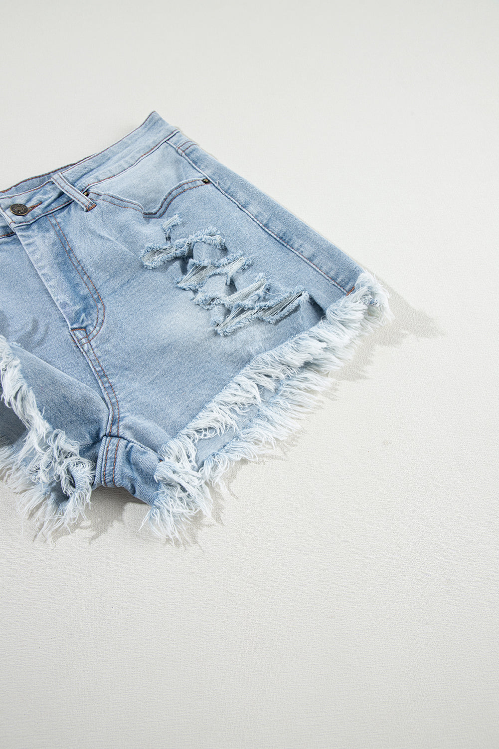 Light Blue Distressed Ripped High Waist Denim Shorts