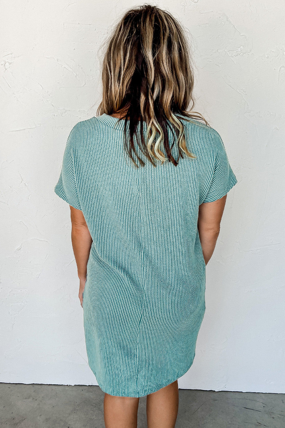 Blue Ribbed Knit T-shirt Dress