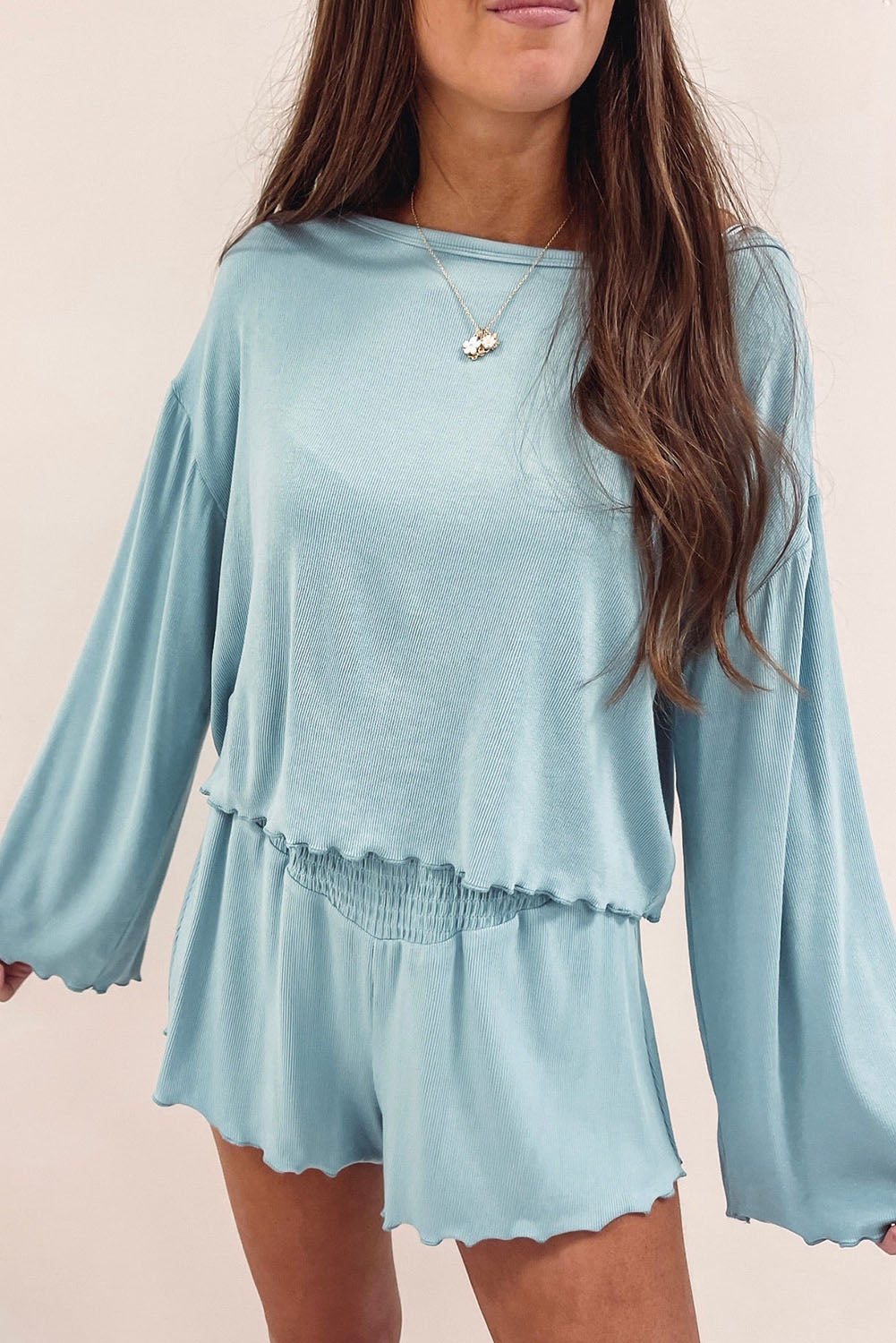 Long Sleeve Top & High Waist Shorts Set | Sky Blue