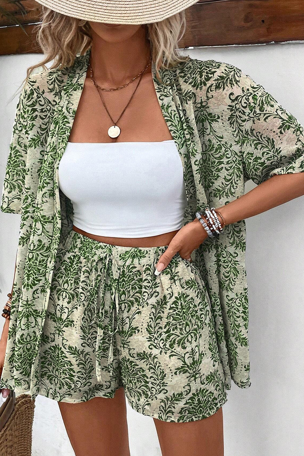 Green Vintage Floral Print Open Top and Shorts Set