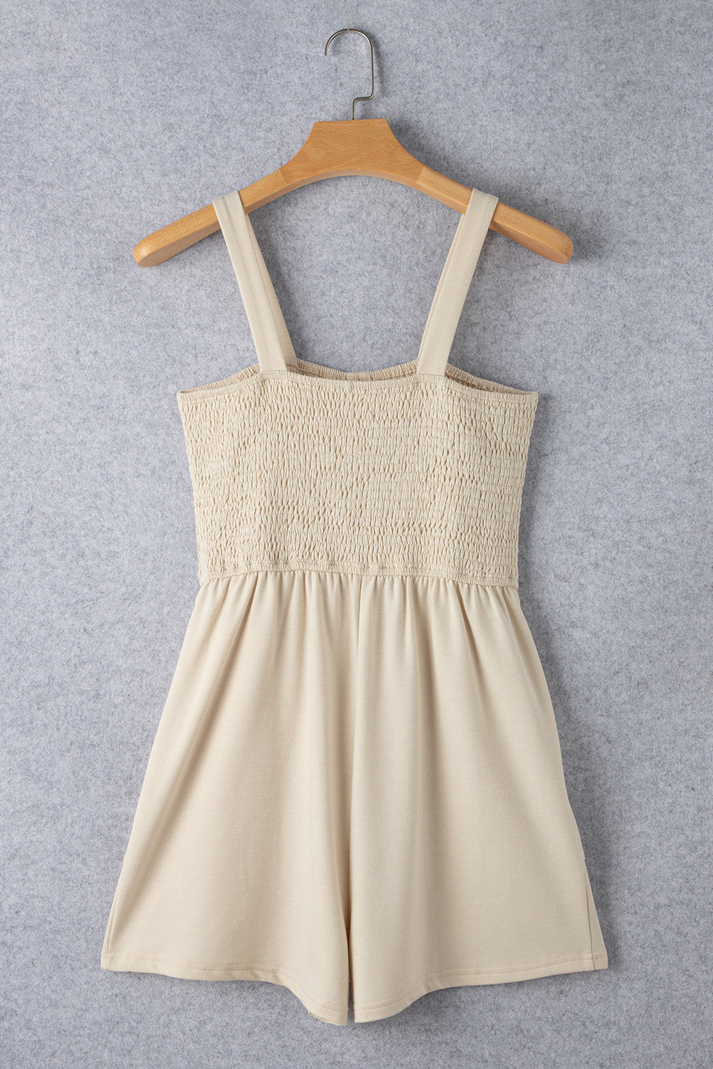 Beige Buttoned Smocked Sleeveless Romper