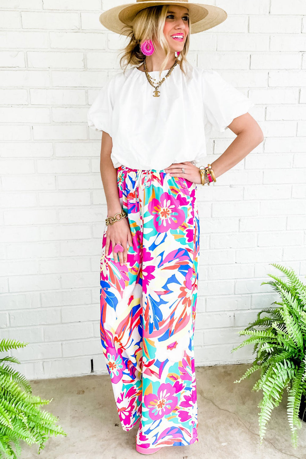 Rose Red Boho Flower Loose Wide Leg Pants