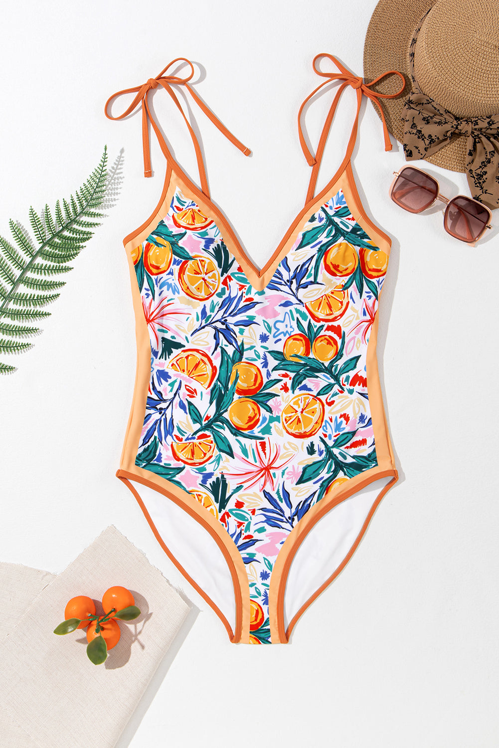 Orange Fruit Tied Strap V-Neck One Piece Swimsuit