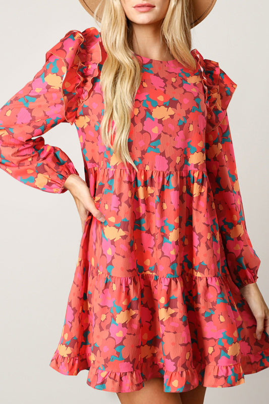 Rose Ruffle Long Sleeve Floral Dress