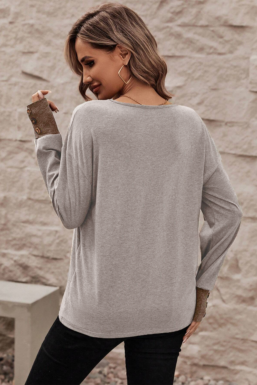 Khaki V-Neck Long Sleeve Top