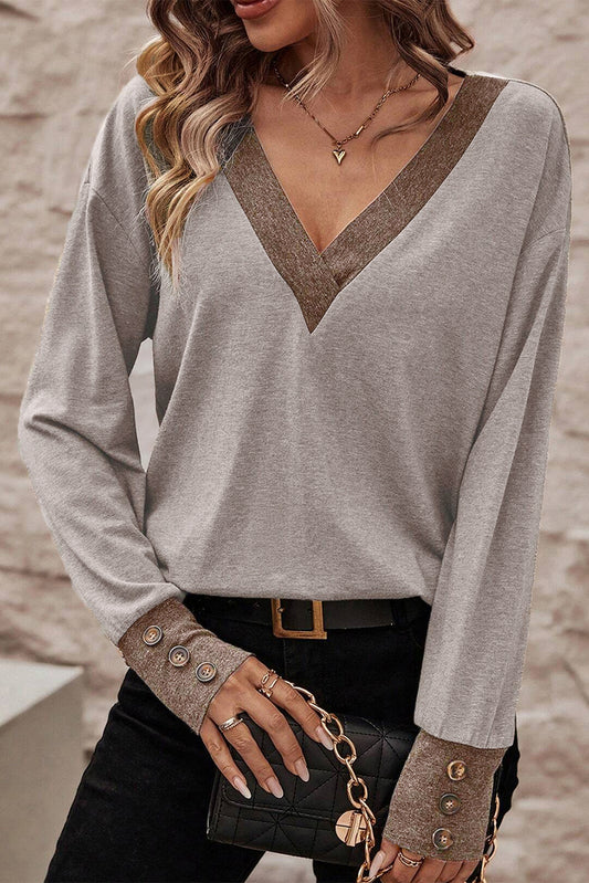 Khaki V-Neck Long Sleeve Top