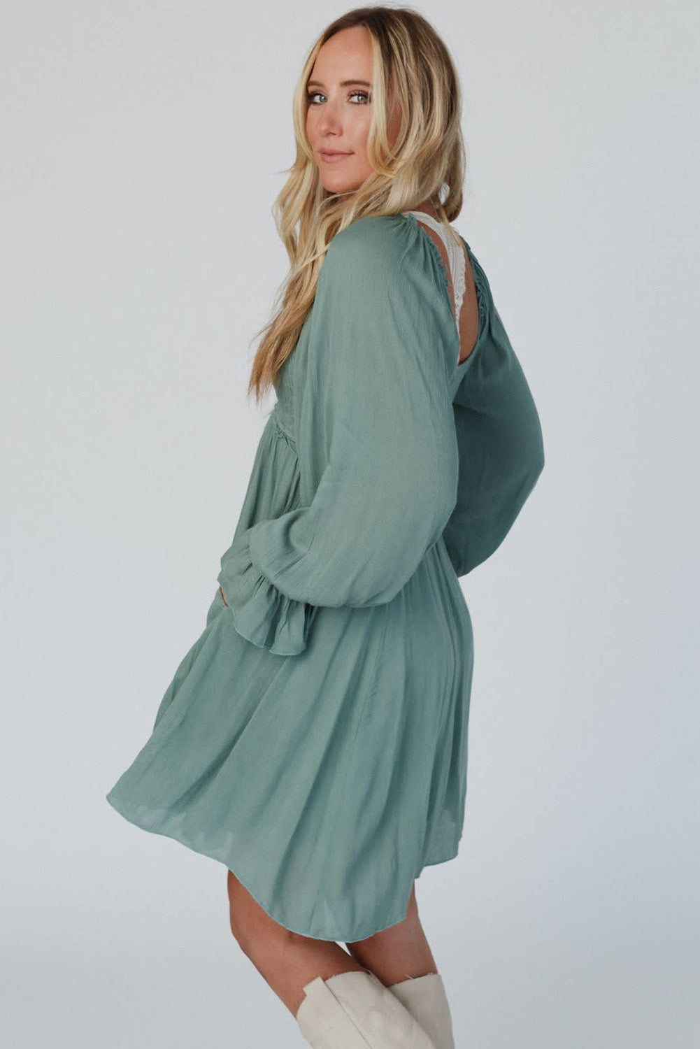 Green Smocked Ruffled Bubble Sleeve Short Dress