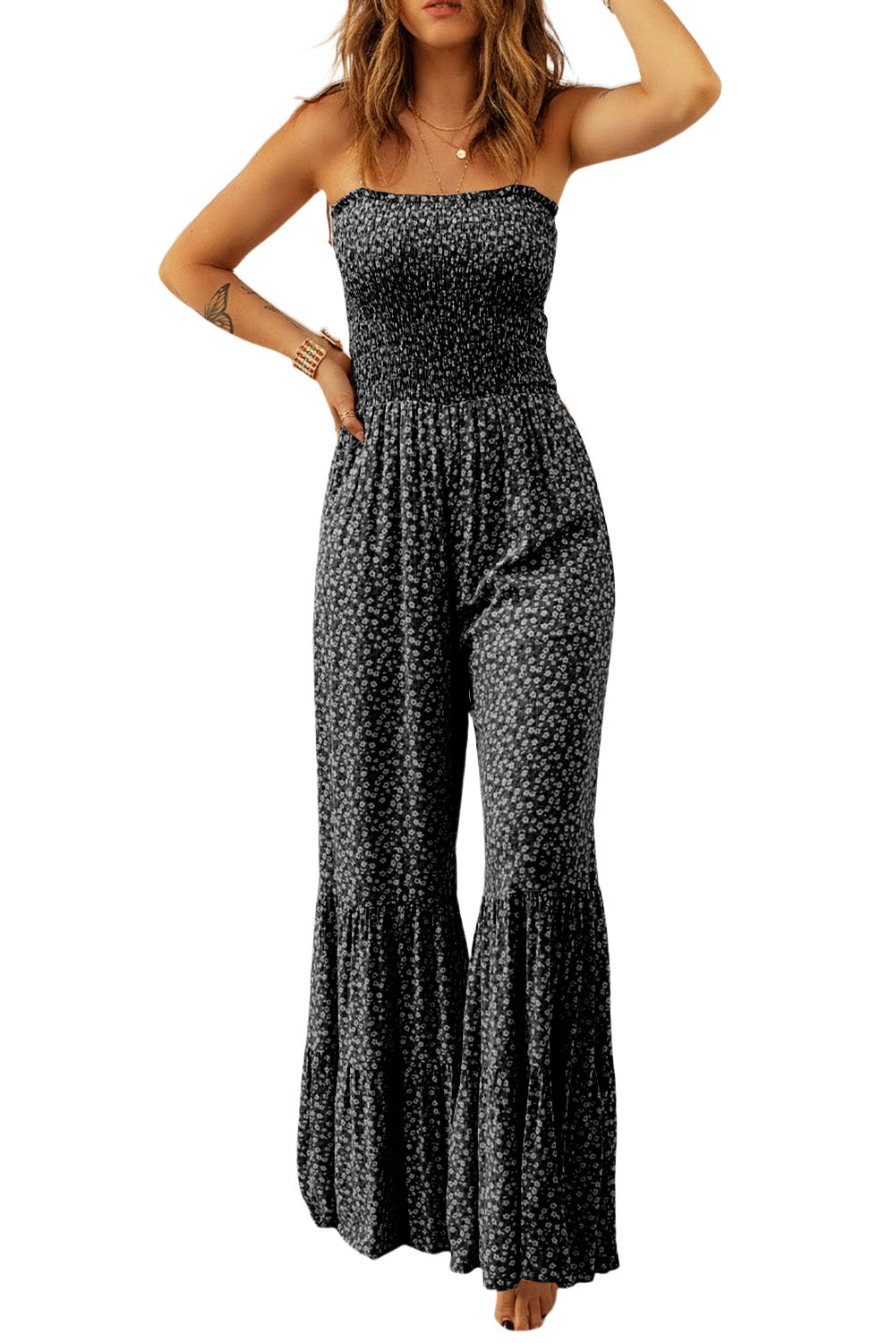 Black Thin Straps Wide Leg Floral Jumpsuit