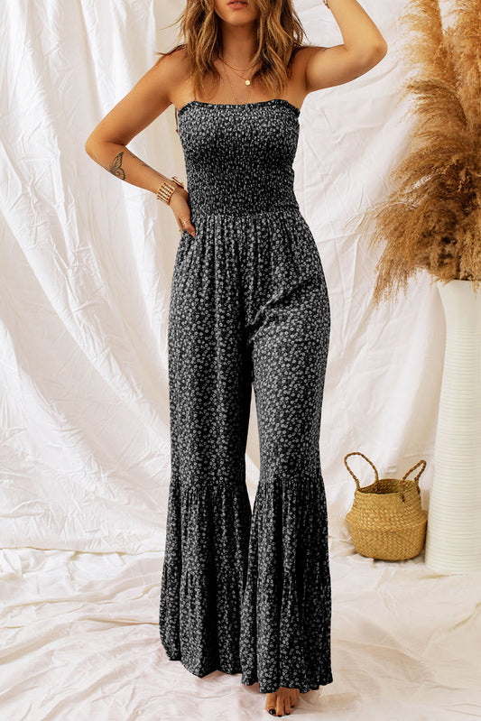 Black Thin Straps Wide Leg Floral Jumpsuit