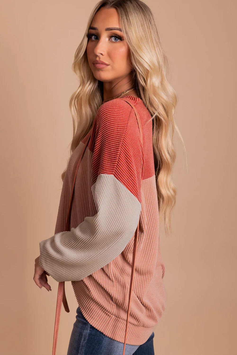 Red Long Sleeve Ribbed Loose Top