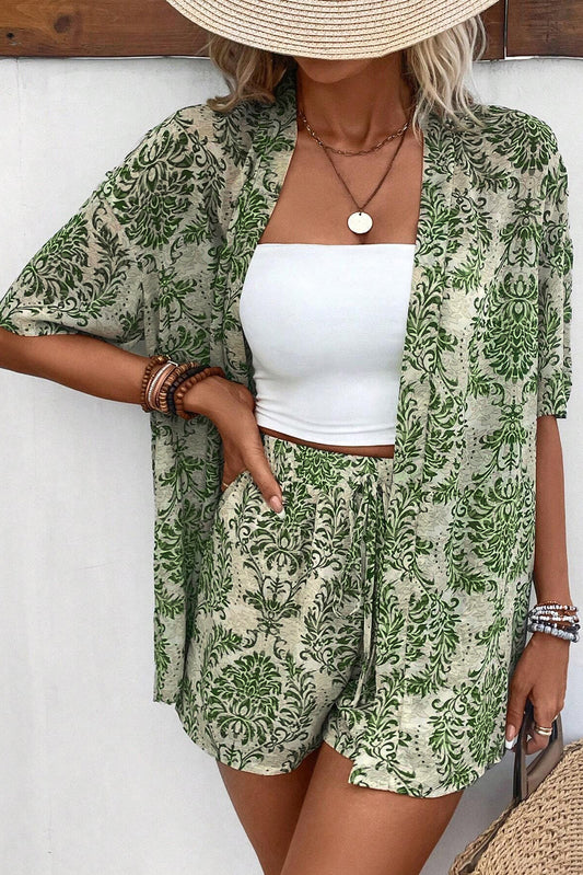 Green Vintage Floral Print Open Top and Shorts Set