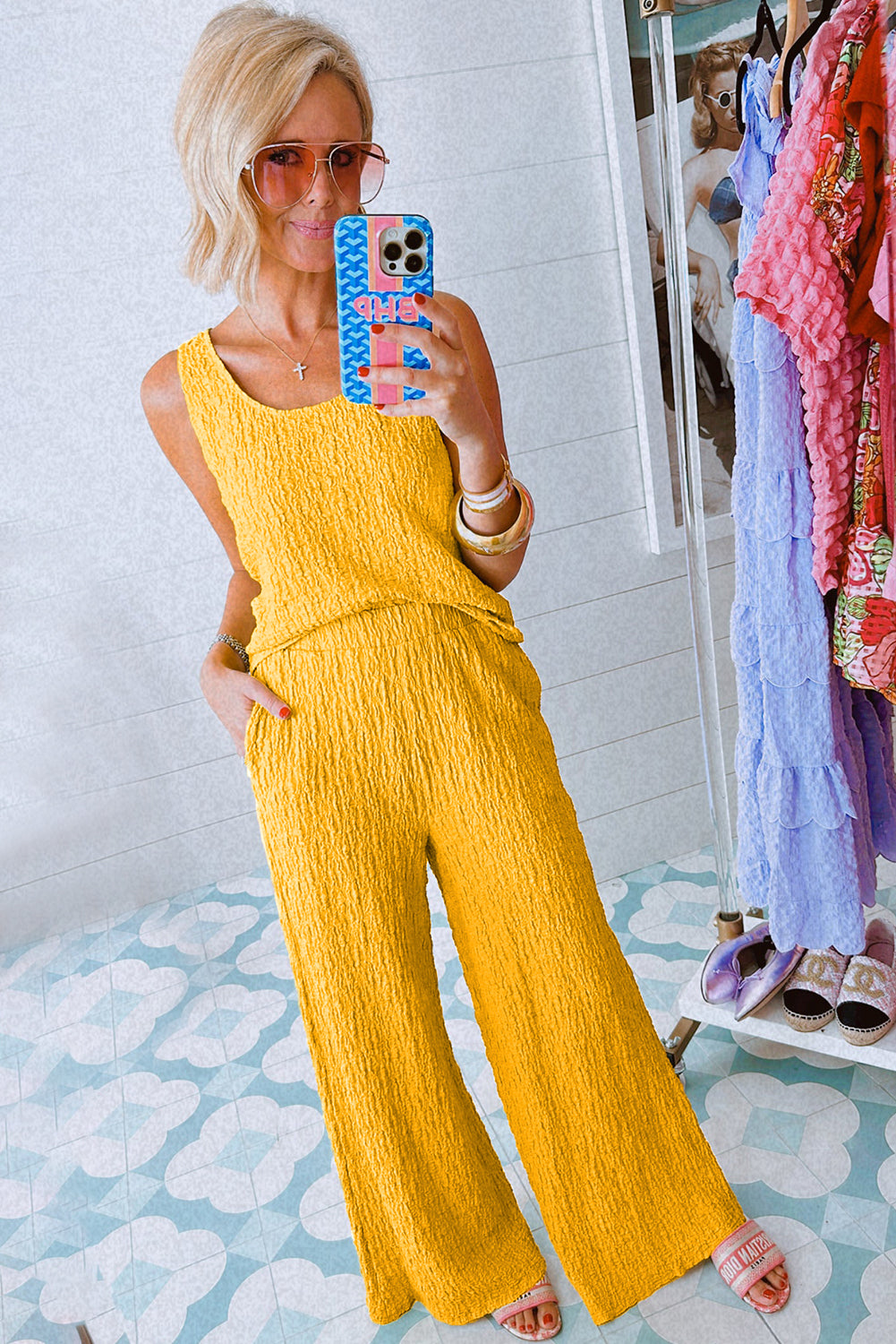 Yellow Tank Top and Wide Leg Pants Set