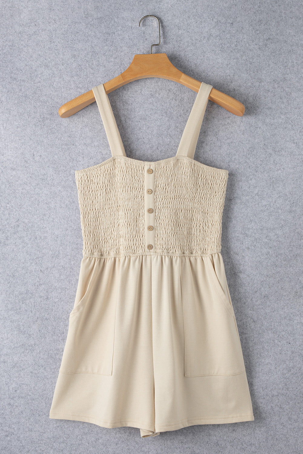 Beige Buttoned Smocked Sleeveless Romper